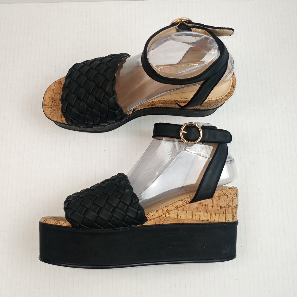 Comfort Black Woven Cork Platform Ankle Strap Sandals